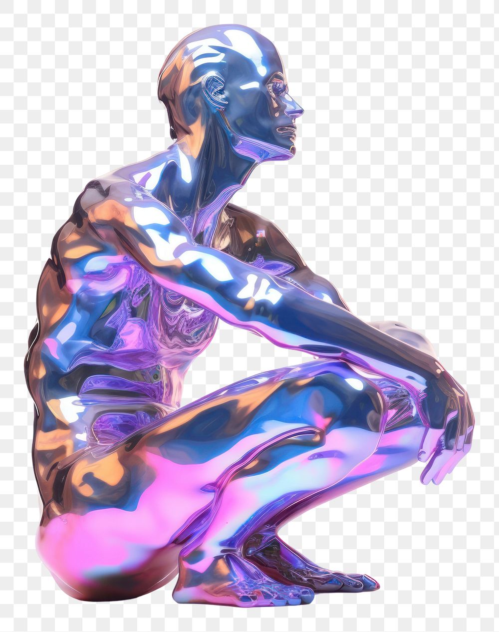 PNG  Artistic human sculpture iridescent adult white background representation.