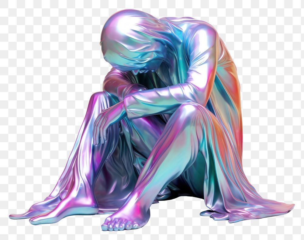 PNG  Sad human sculpture iridescent adult white background creativity.