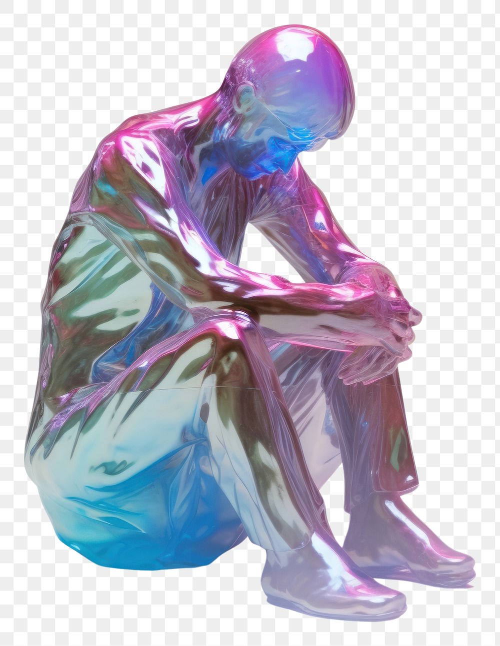 PNG  Sad human sculpture iridescent white background clothing figurine.