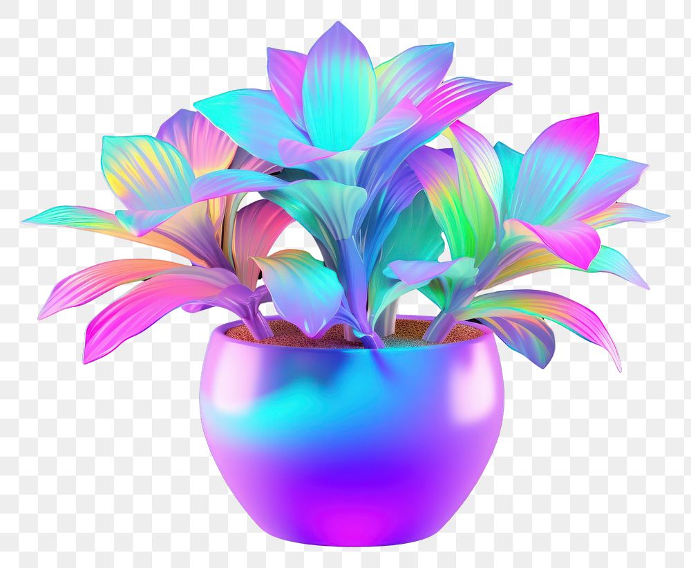 PNG  Potted plant iridescent purple flower leaf.