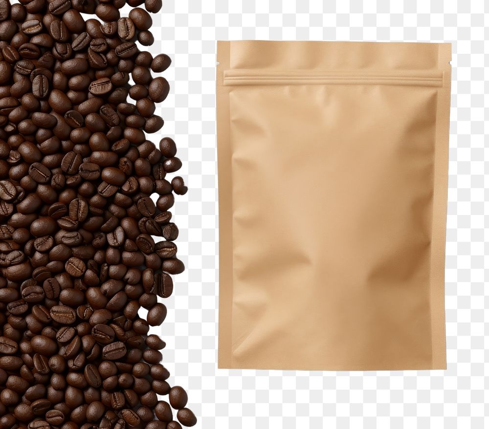 PNG Paper coffee pouch packaging mockup brown letterbox beverage.
