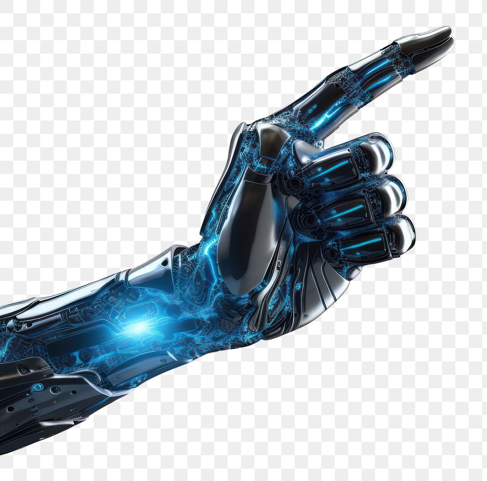 PNG Robot hand technology blue black background.