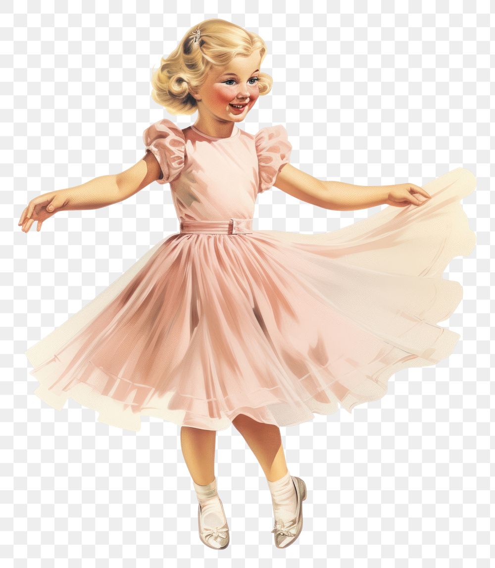 PNG Vintage illustration of little girl dancing dress child.
