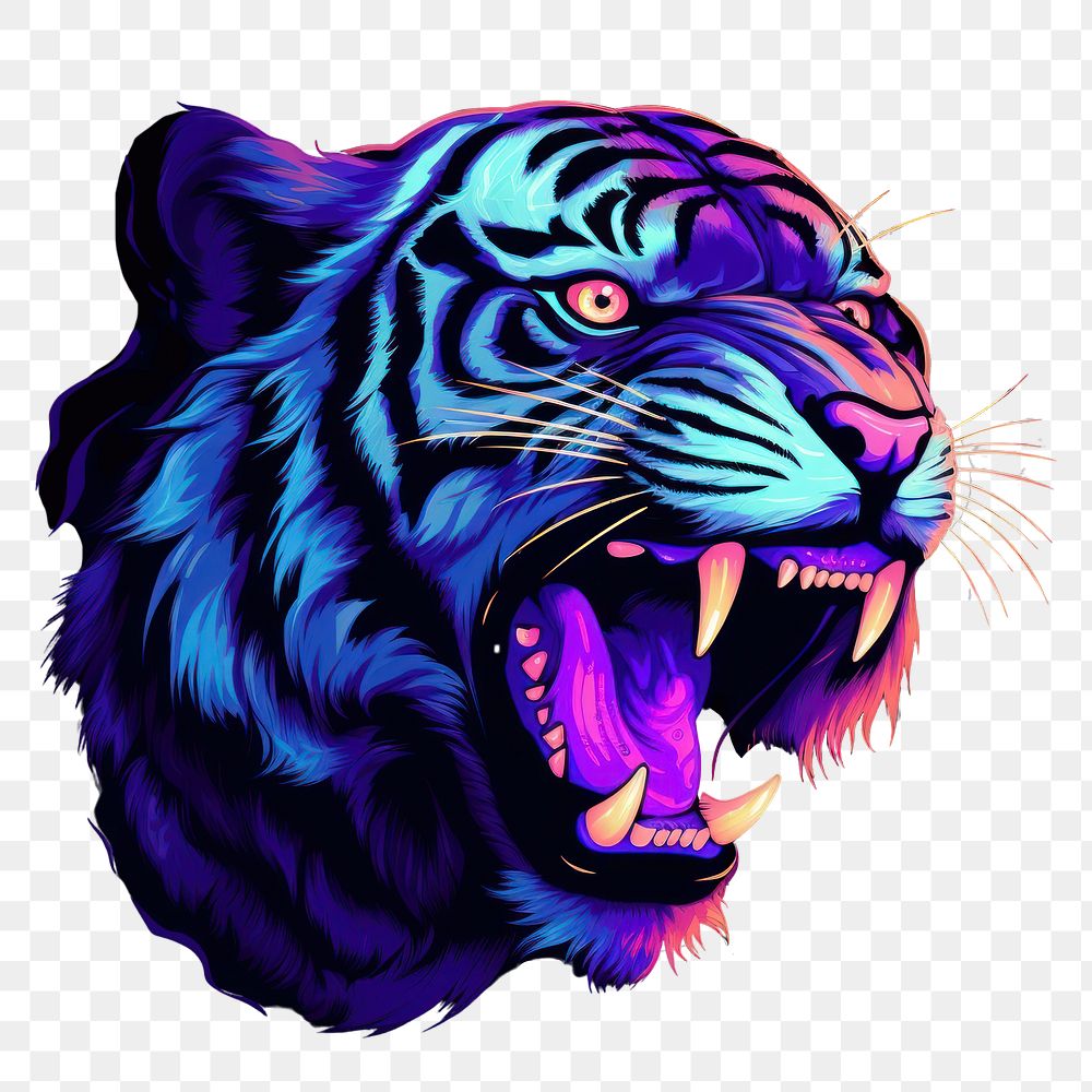 PNG Illustration roaring tiger neon rim light purple wildlife animal.