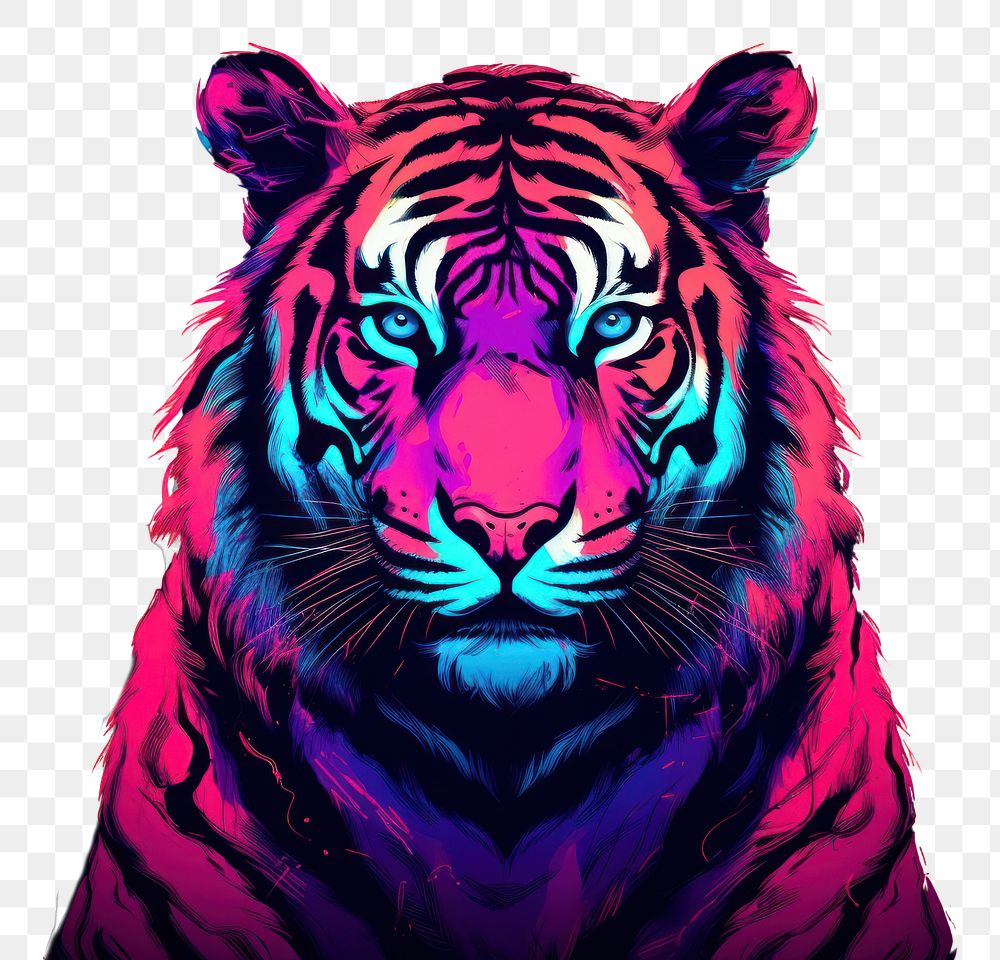 PNG Illustration roaring Bengal tiger neon rim light wildlife portrait animal.