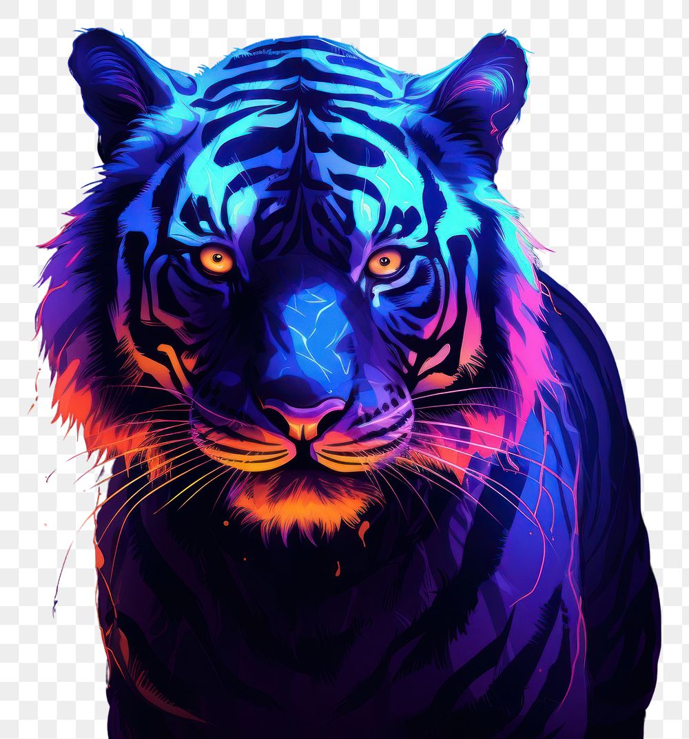 PNG Illustration roaring Bengal tiger neon rim light wildlife portrait animal.