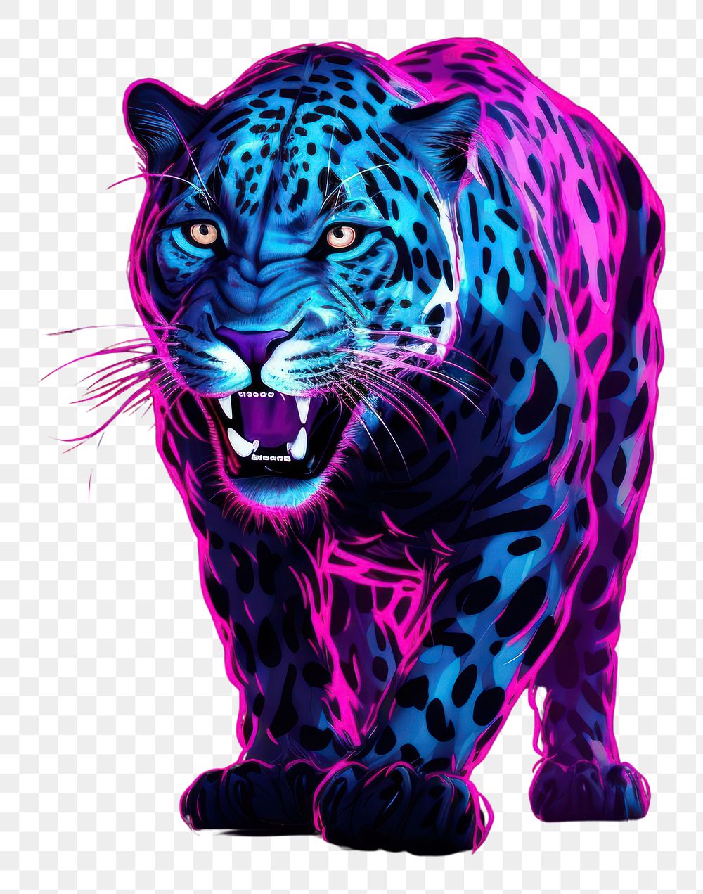 PNG Illustration roaring leopard neon rim light purple wildlife animal.
