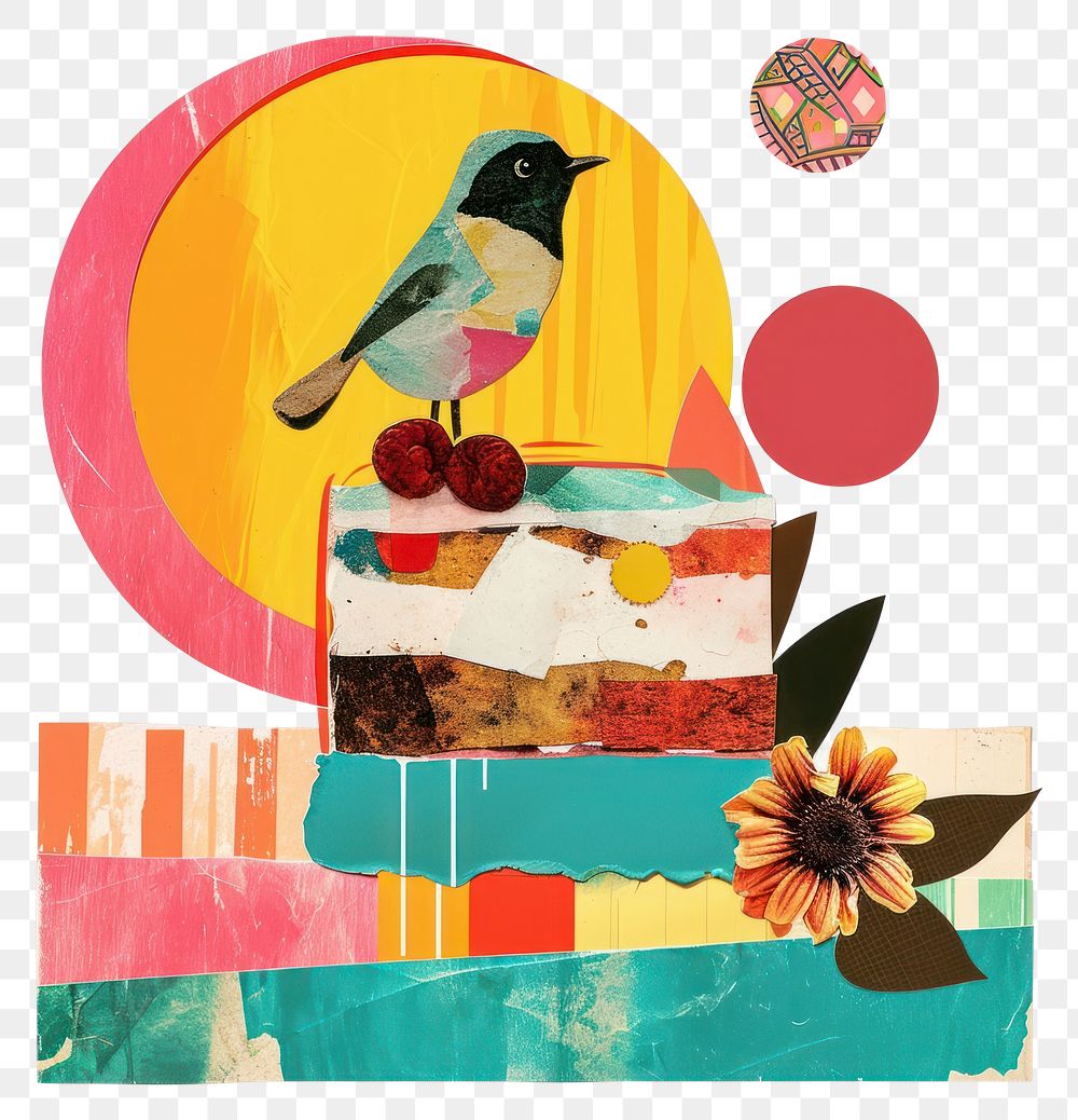 PNG Retro Collages whit a cake collage art painting.