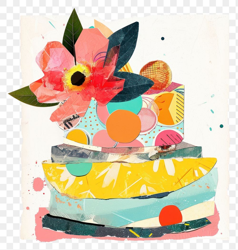 PNG Retro Collages whit a cake collage art painting.