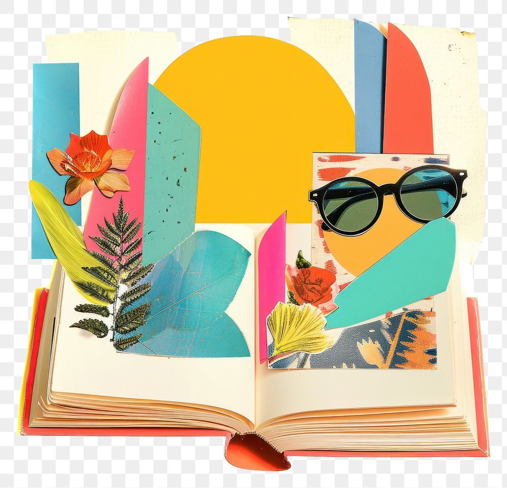 PNG Retro Collages whit a book art publication sunglasses.