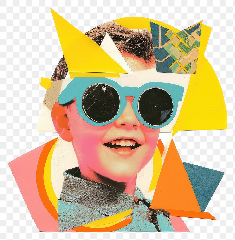 PNG Retro Collages whit a happy boy collage art sunglasses.