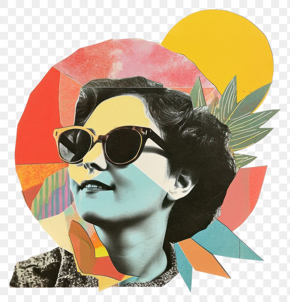 PNG Retro Collages whit a happy girl collage art sunglasses.