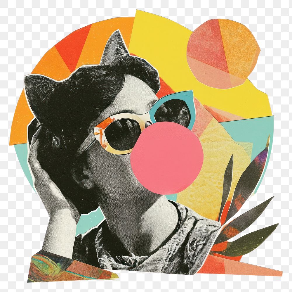 PNG Retro Collages whit a happy girl collage art sunglasses.