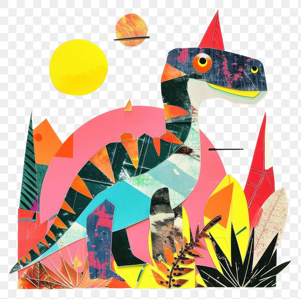 PNG Retro Collages whit a happy dinosaur art painting collage.