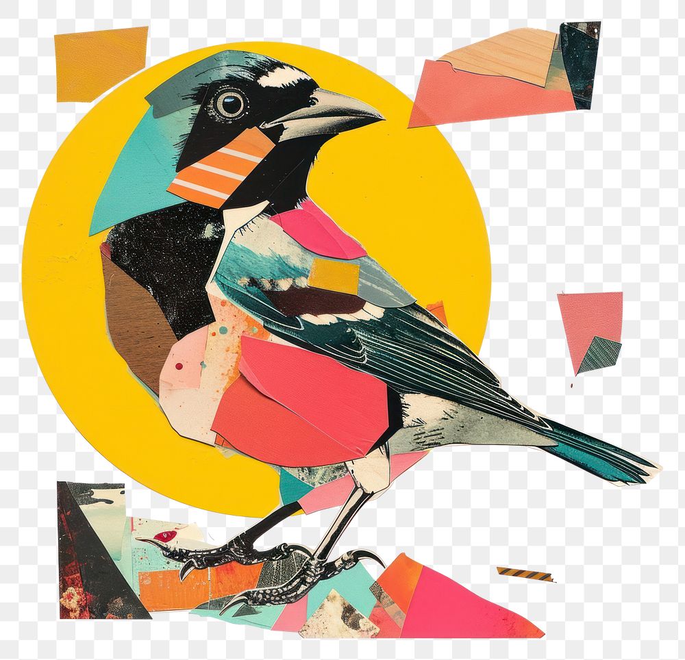 PNG Retro Collages whit a happy bird collage art painting.
