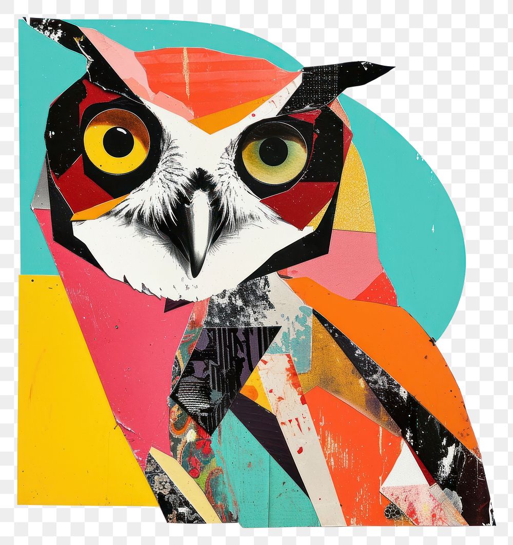 PNG Retro Collages whit a happy owl collage art painting.