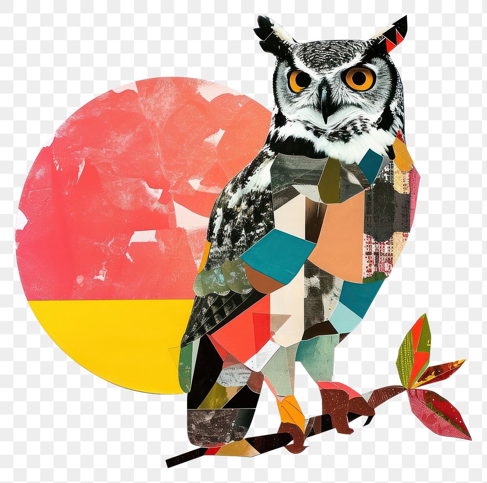 PNG Retro Collages whit a happy owl collage art animal.