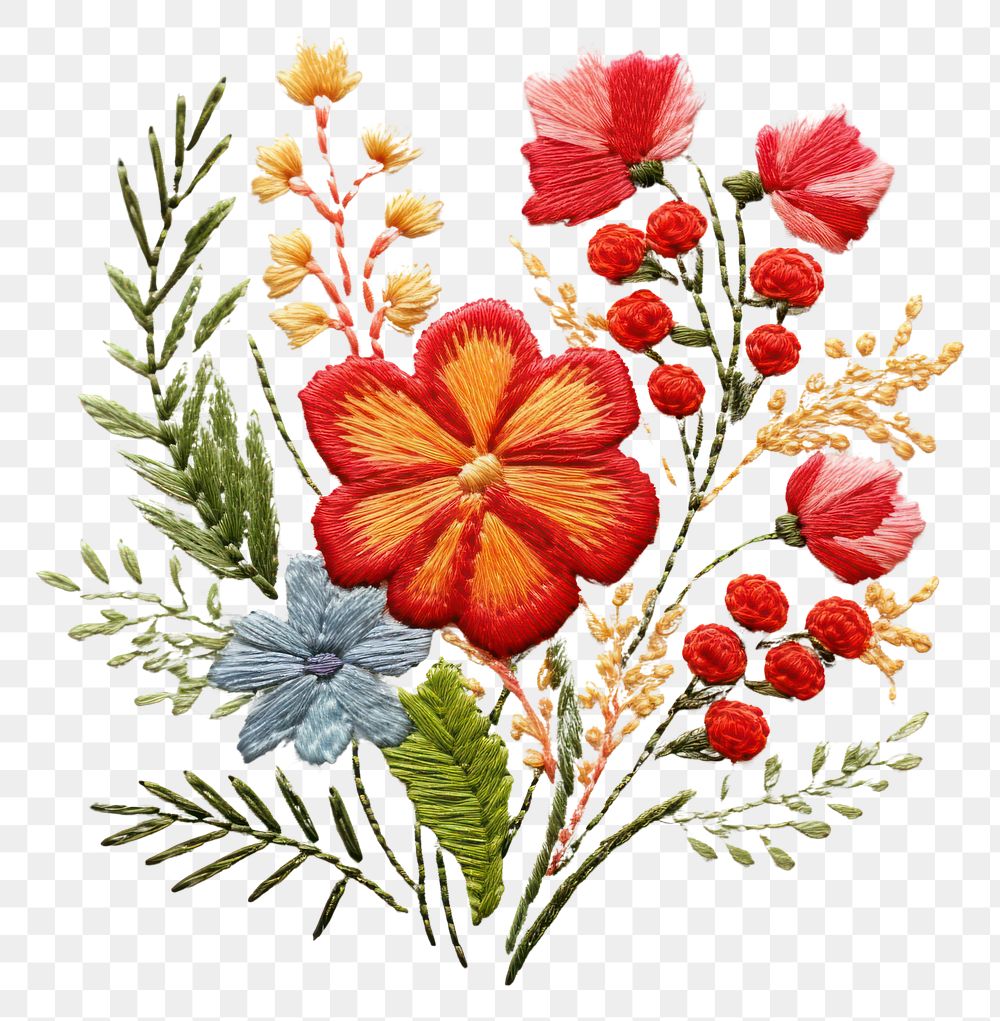 PNG Flowe bouquet in embroidery style pattern cross-stitch creativity.