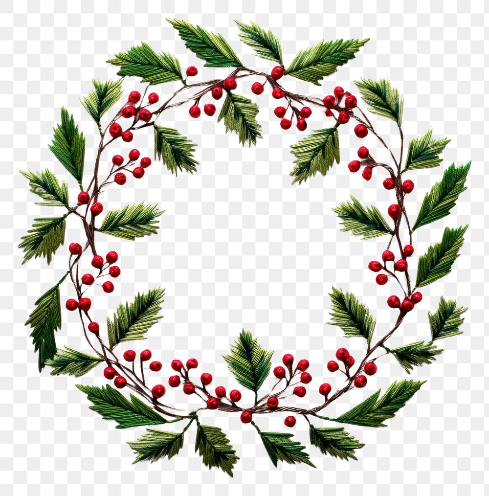 PNG Holly wreath in embroidery style pattern plant leaf.