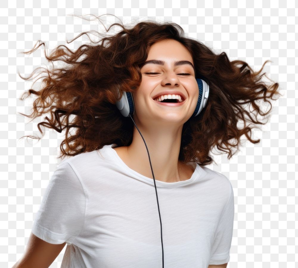 PNG Brunette young woman dancing happy and cheerful listening laughing shouting.