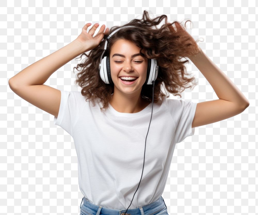 PNG Brunette young woman dancing happy and cheerful headphones listening laughing.