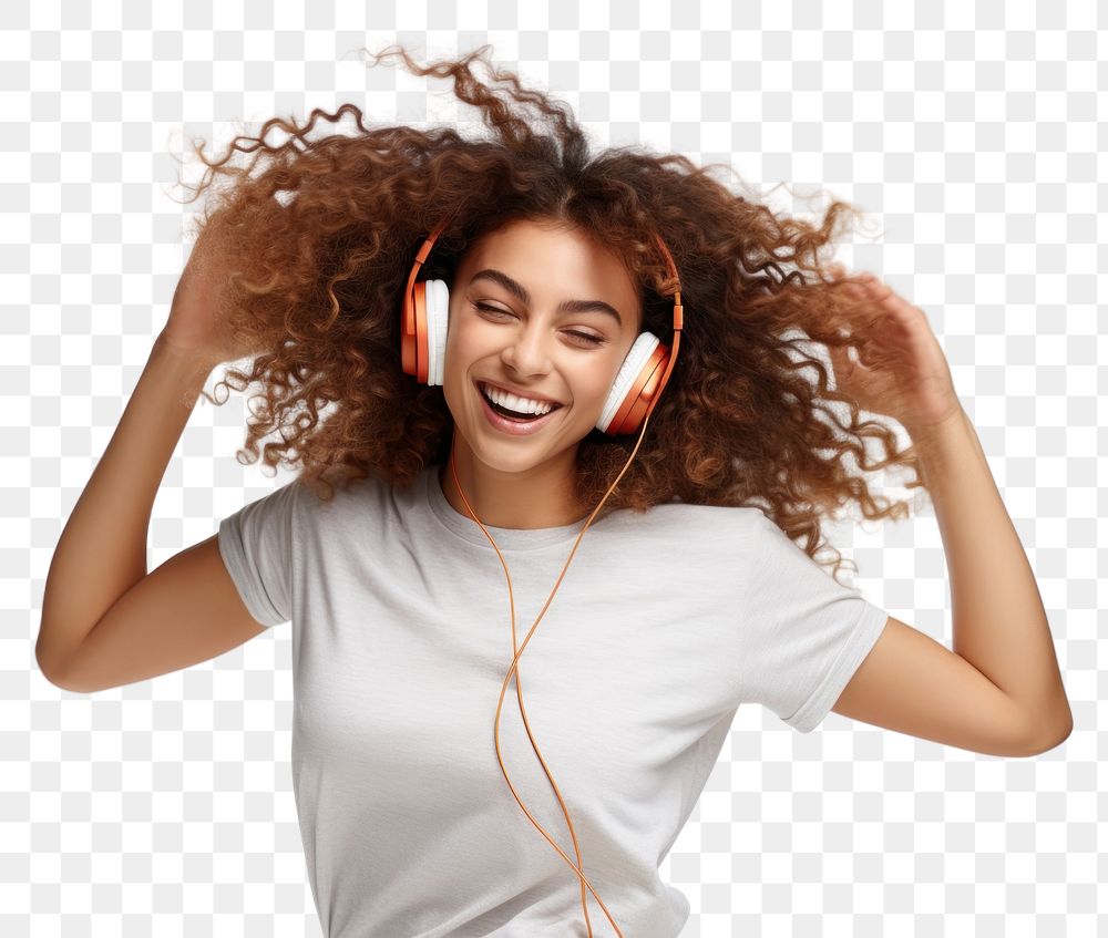PNG Brunette young woman dancing happy and cheerful headphones listening headset.