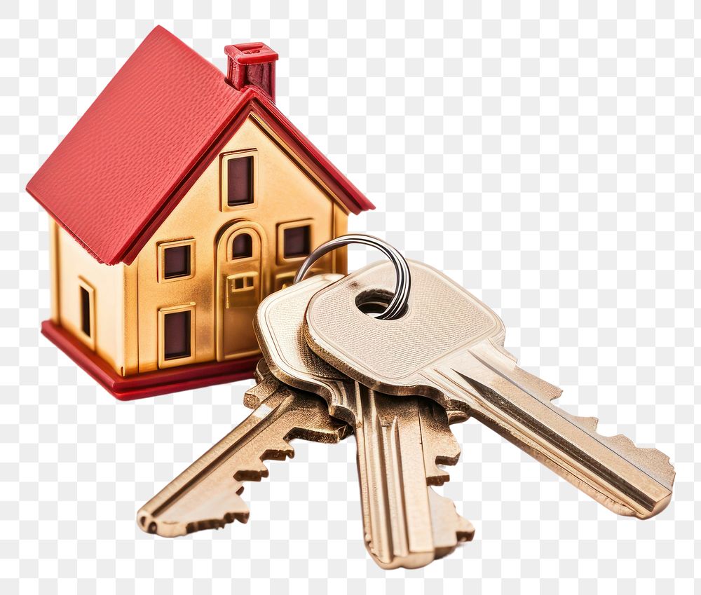 PNG House keys with red house keychain architecture investment building.