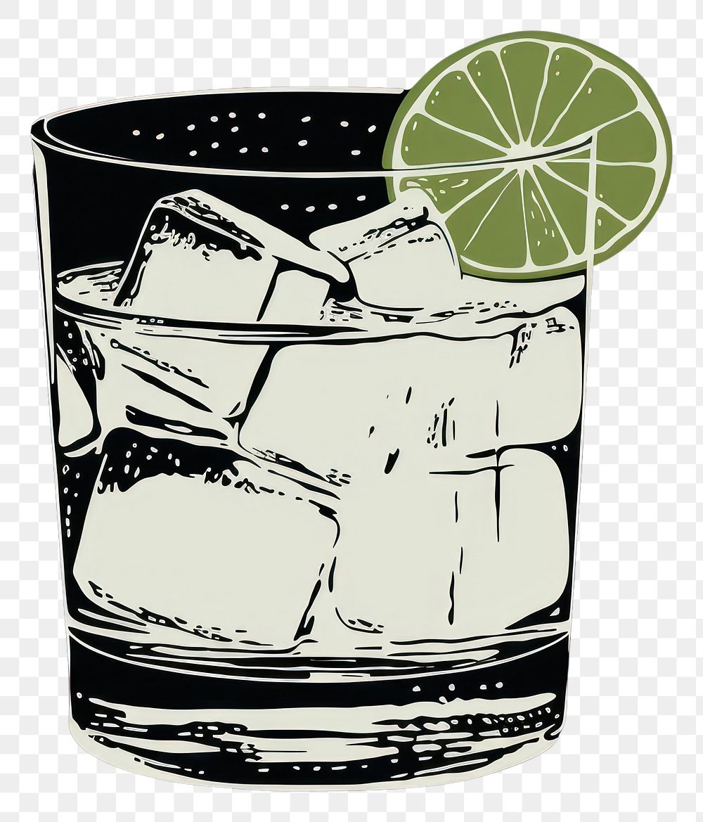 PNG Silkscreen illustration of gin and tonic cocktail drink fruit.