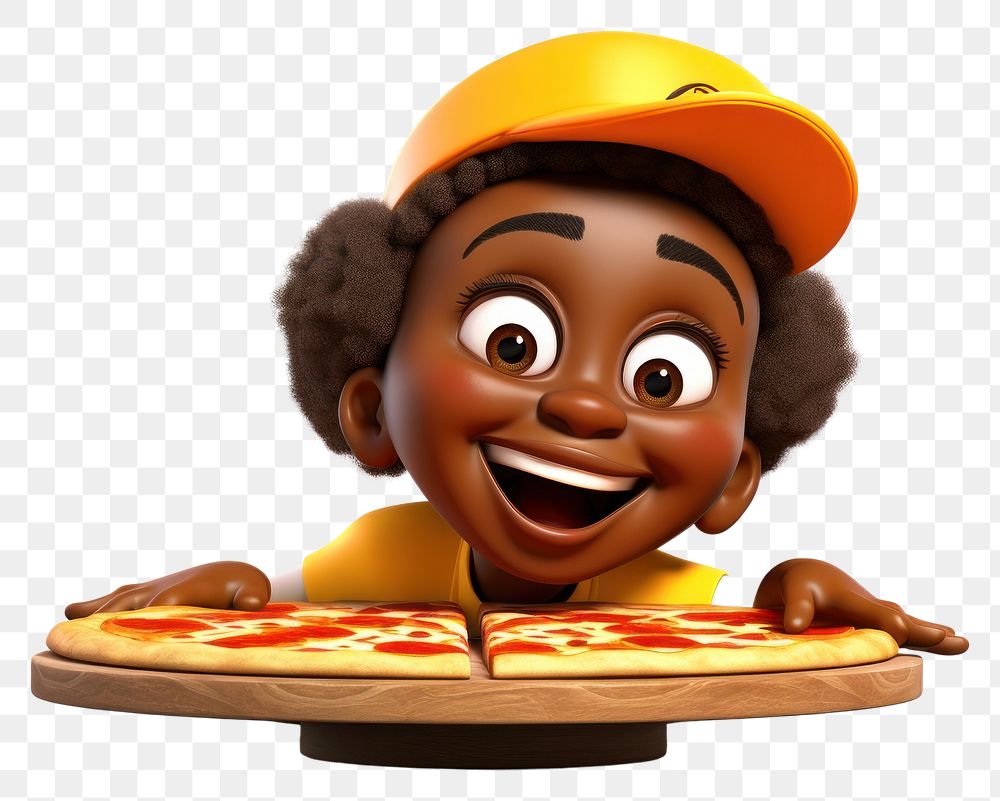 PNG  Happy African female with slice of pizza table portrait food white background.