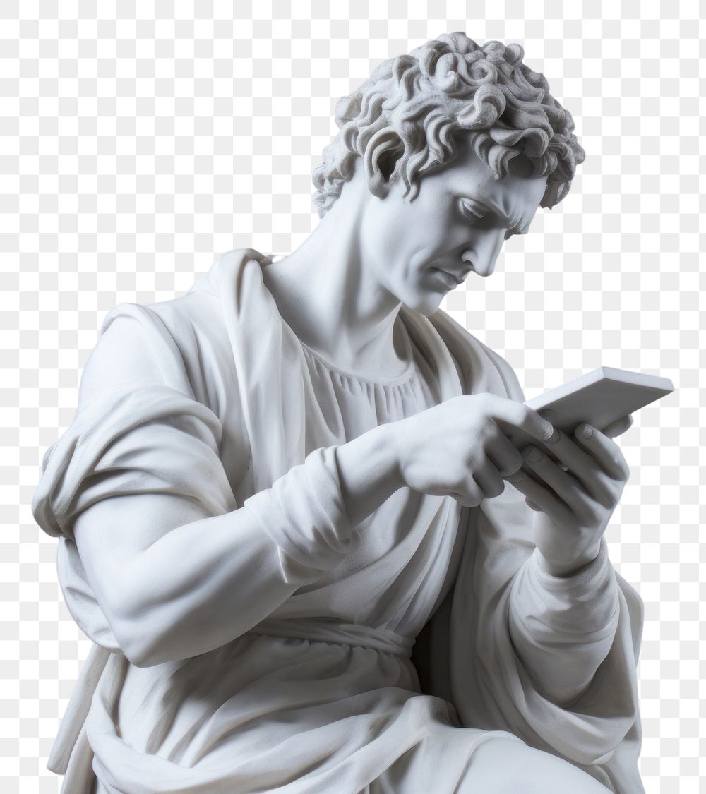 PNG A sculpture of man holding smart phone statue marble representation.