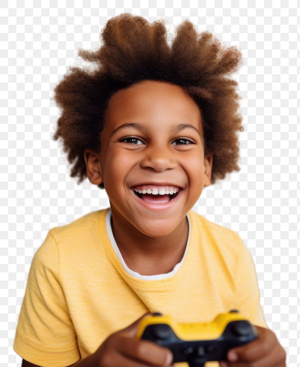 PNG  A american african boy in yellow sweater holding a Controller smile child photo. AI generated Image by rawpixel.