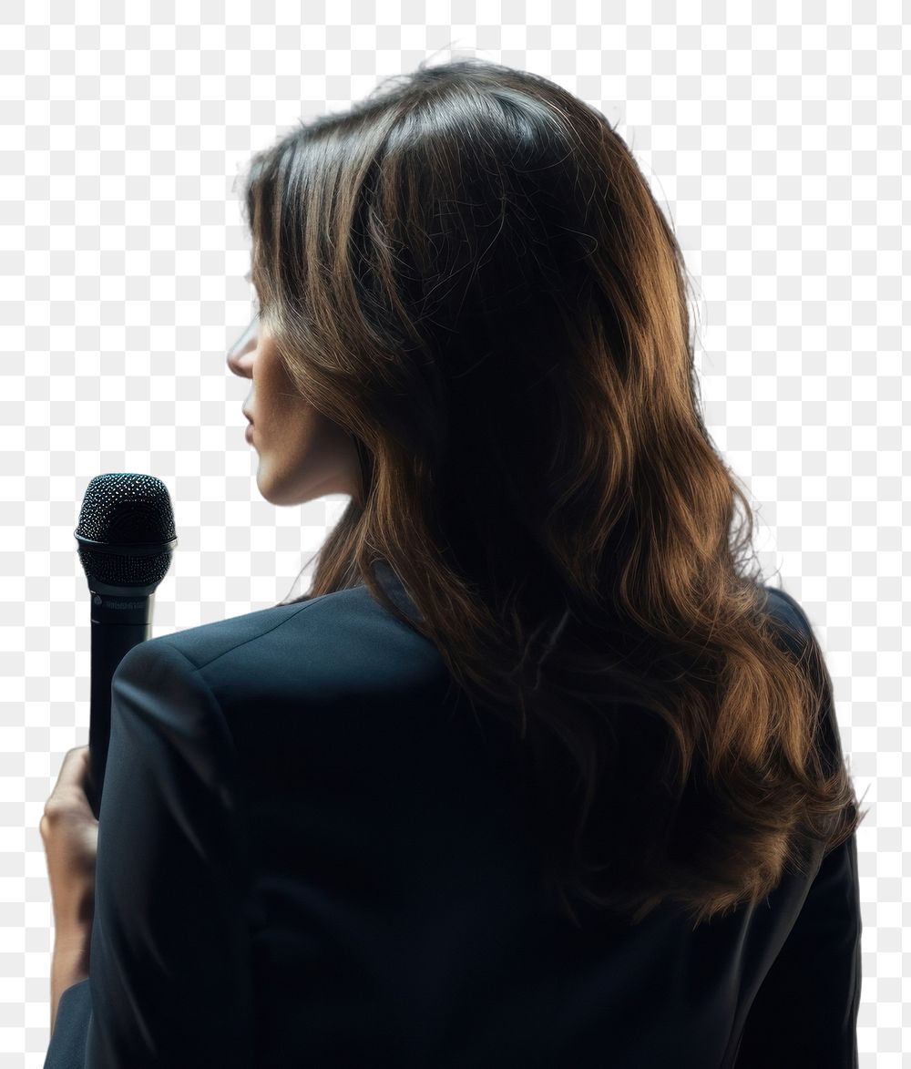 PNG  A woman in formal out fit talking in the stage microphone audience adult. AI generated Image by rawpixel.