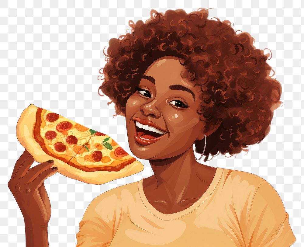 PNG Happy African female with slice of pizza eating adult food.