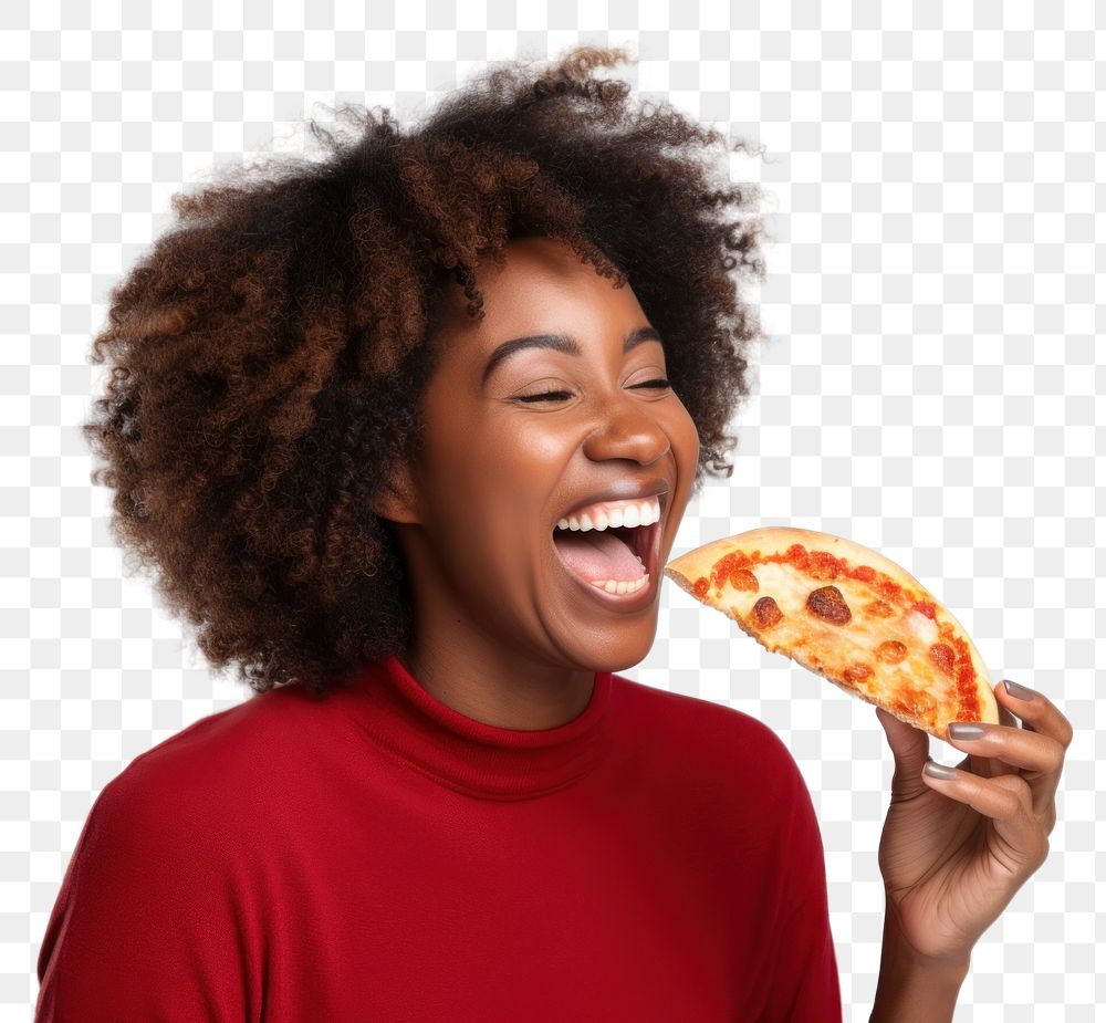 PNG Happy African female with slice of pizza biting adult happy.