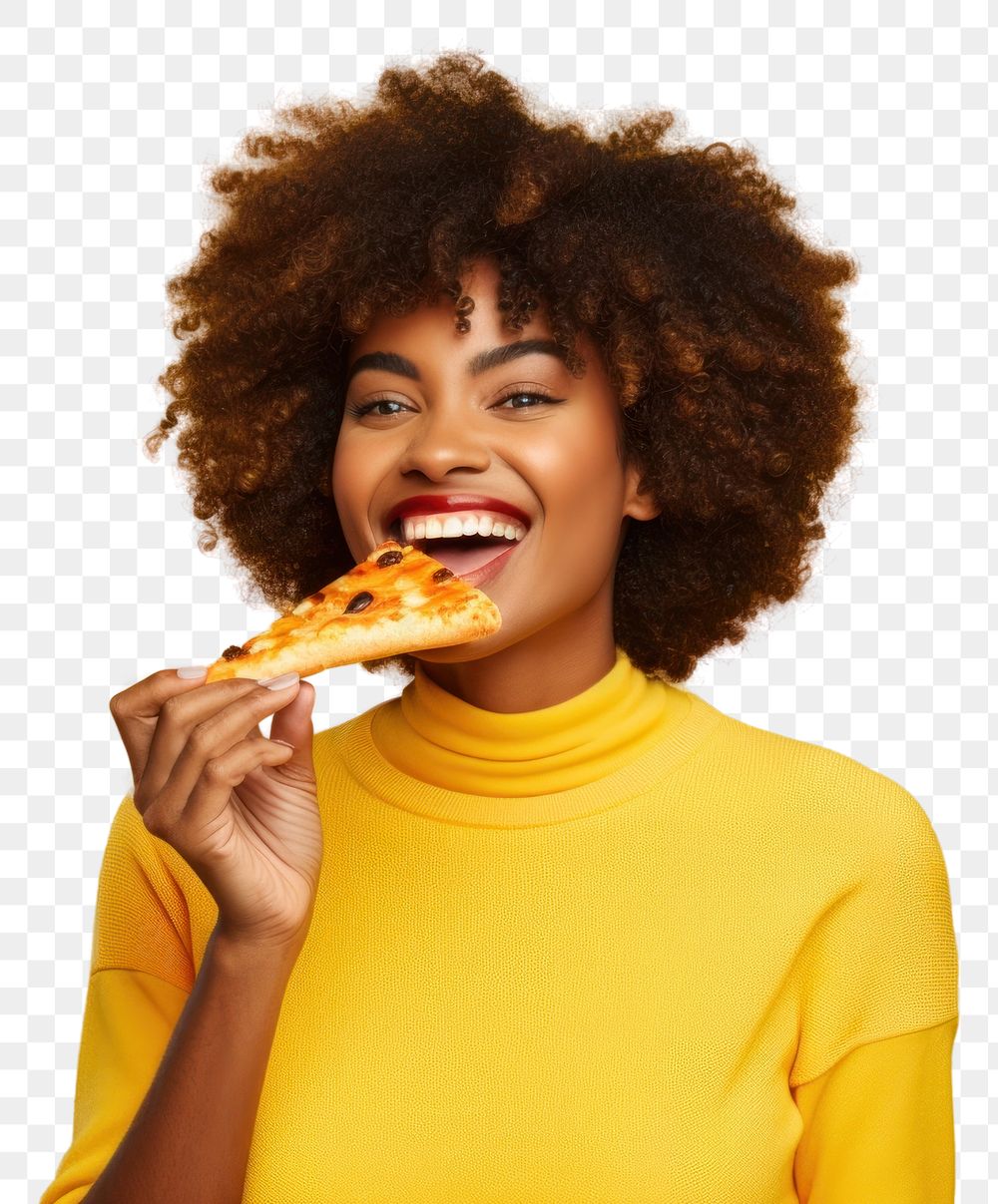 PNG Happy African female with slice of pizza biting yellow adult.