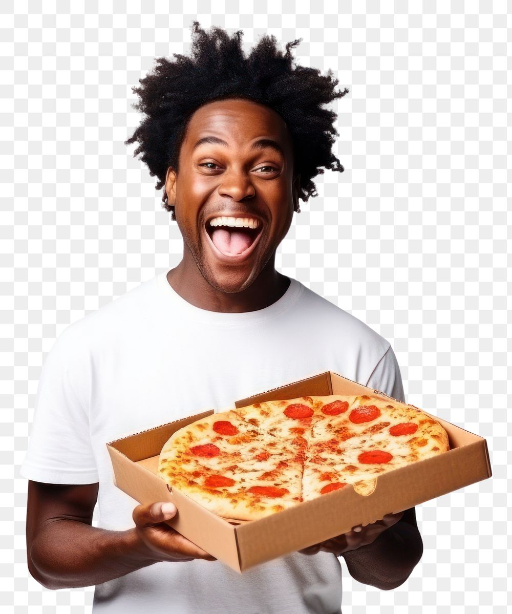 PNG Joyful african american man in white t-shirt holds box of pizza food adult fast food.