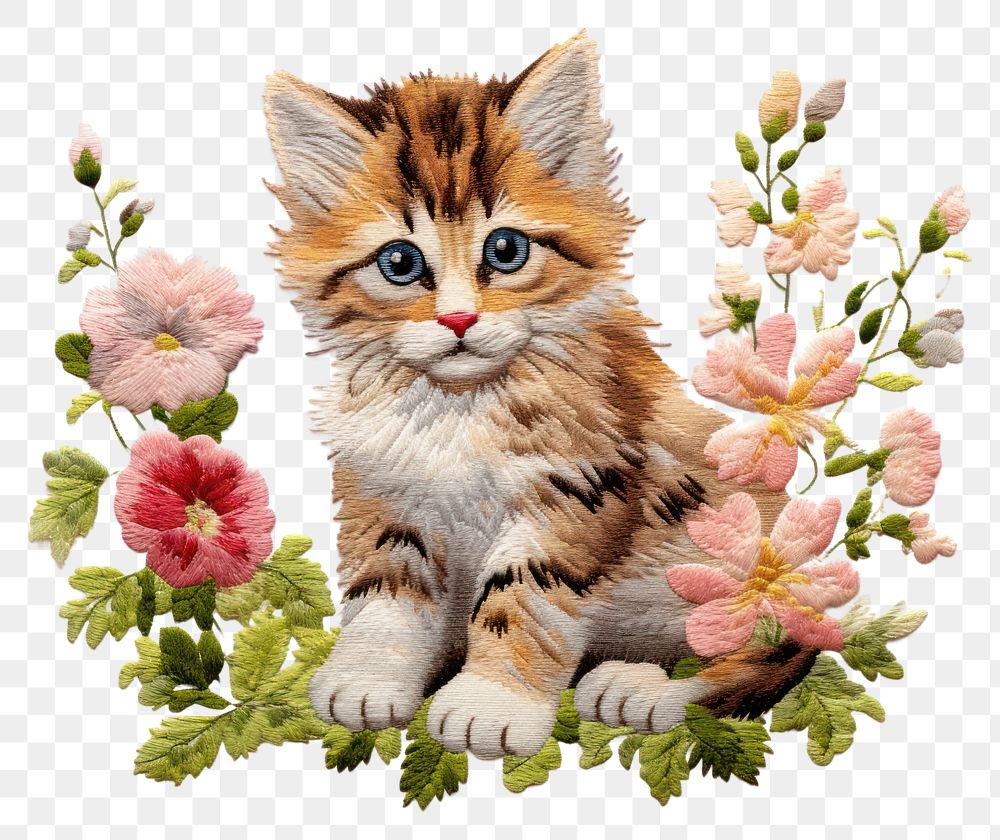 PNG Cat with flower in embroidery style animal mammal kitten.