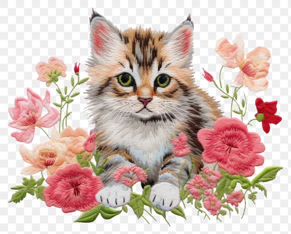 PNG Cat with flower in embroidery style drawing mammal animal.