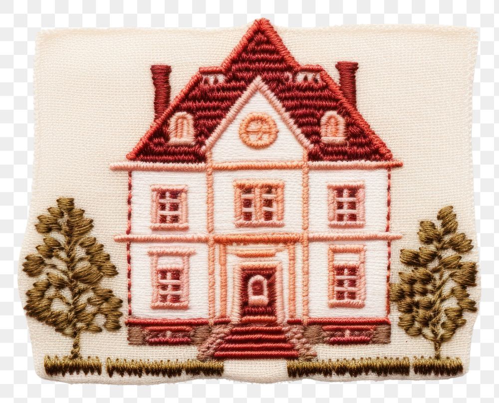 PNG Europian house in embroidery style needlework textile representation.