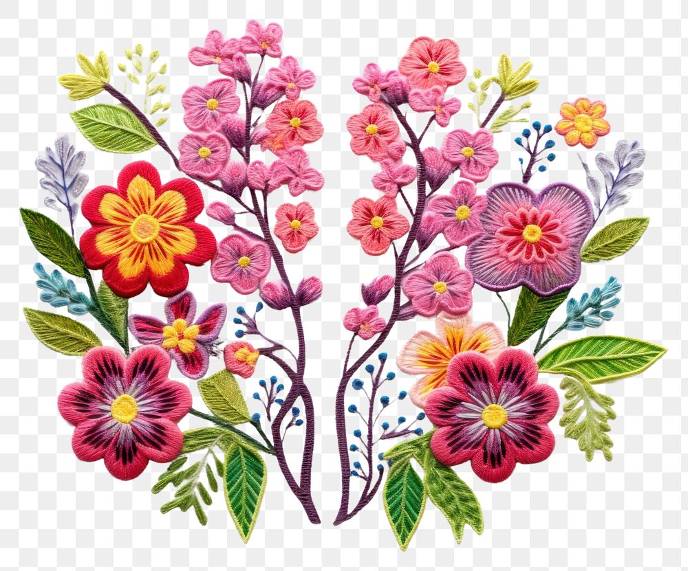 PNG Lung with flower in embroidery style needlework pattern textile.
