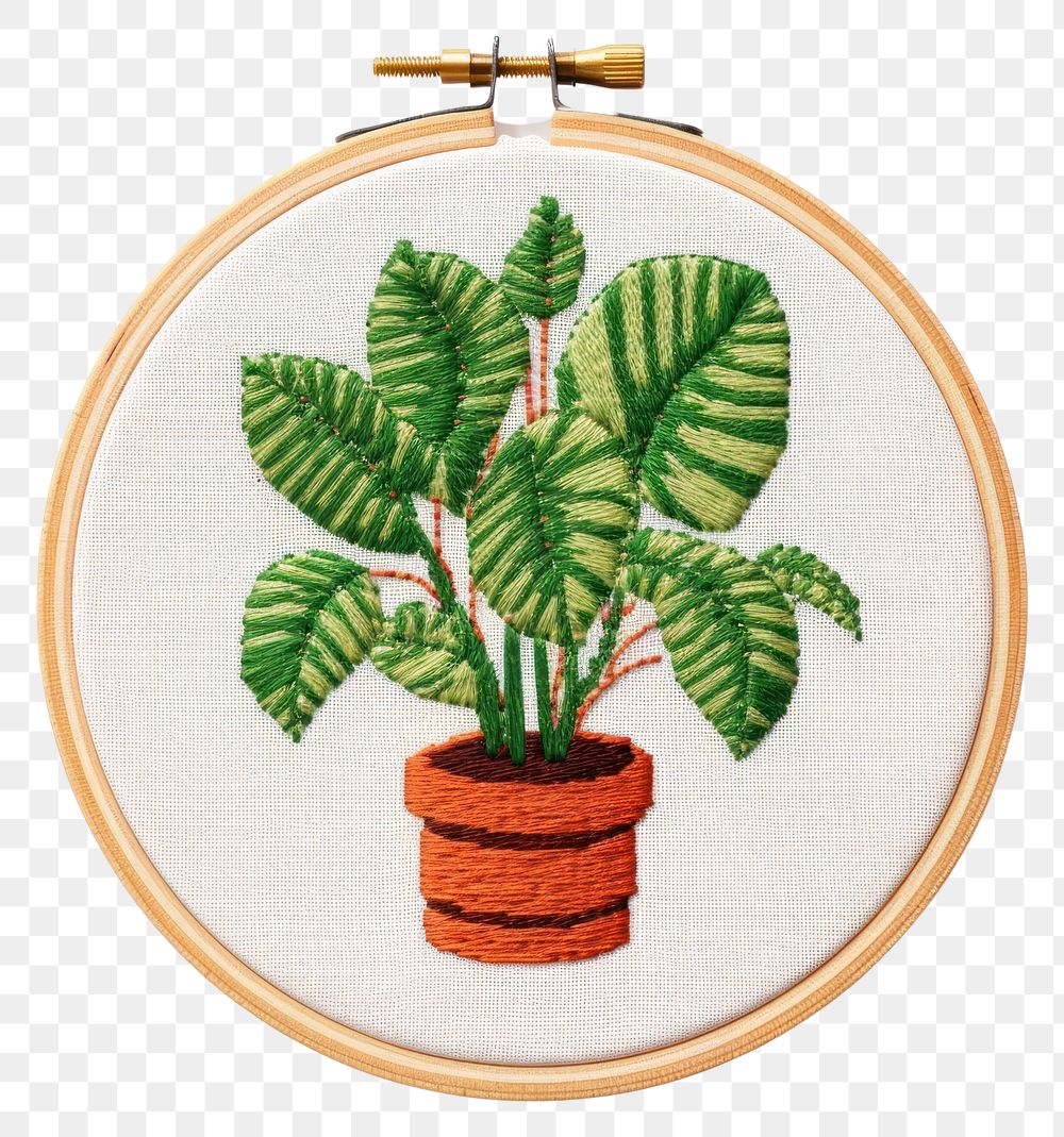 PNG Potted plant in embroidery style needlework textile pattern.