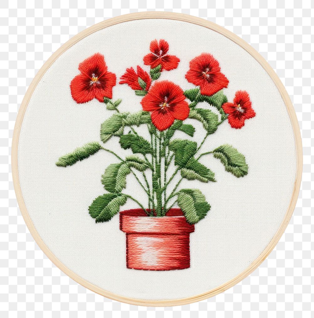 PNG Potted plant in embroidery style needlework pattern flower.