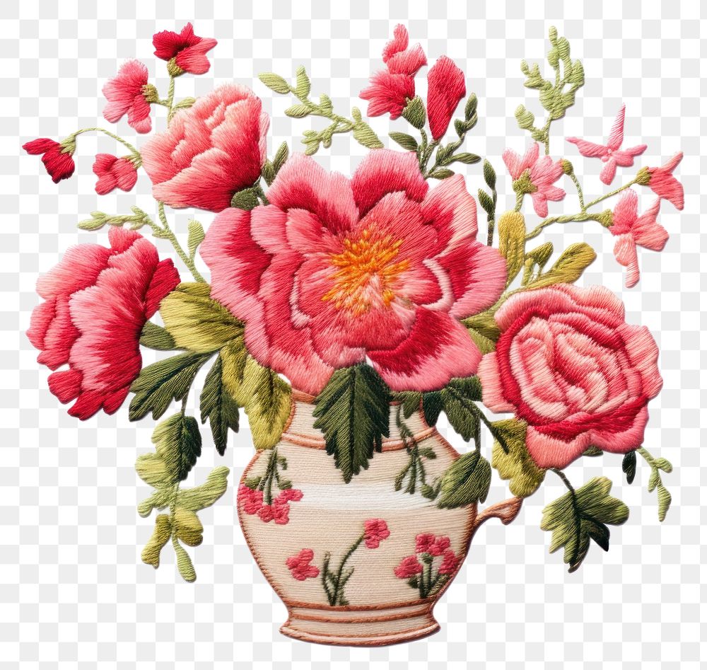 PNG Vase with flower in embroidery style pattern plant rose.