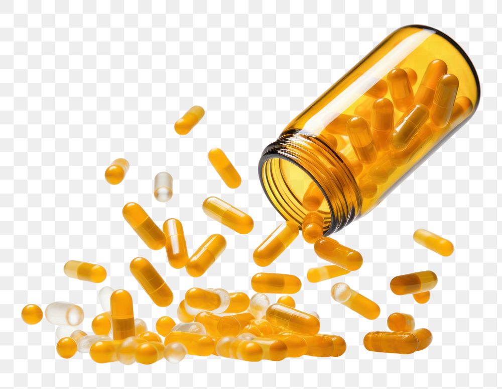 PNG  Capsules spilling bottle white background medication. AI generated Image by rawpixel.
