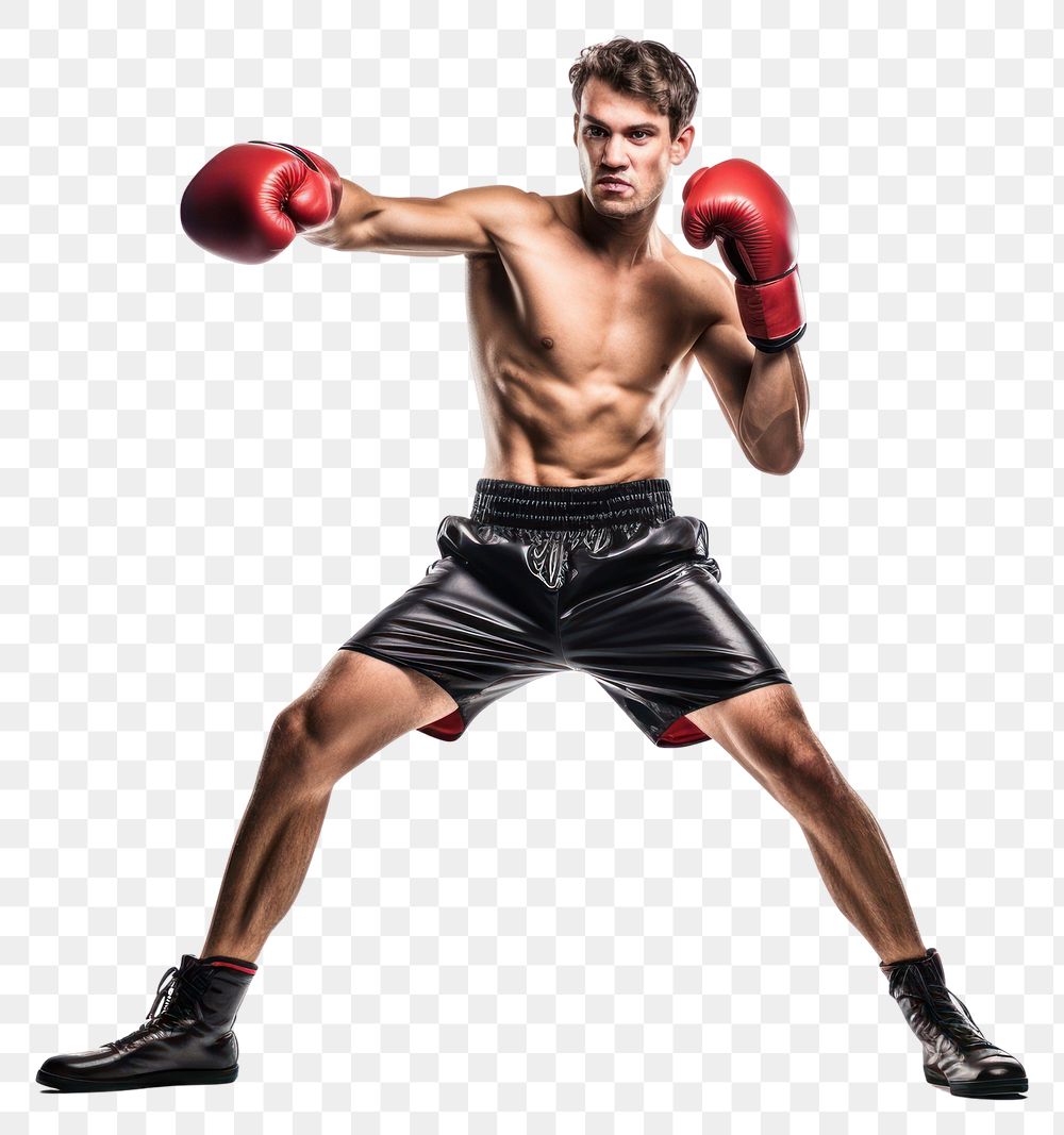 PNG Full length profile shot of a young guy punching boxing adult glove.