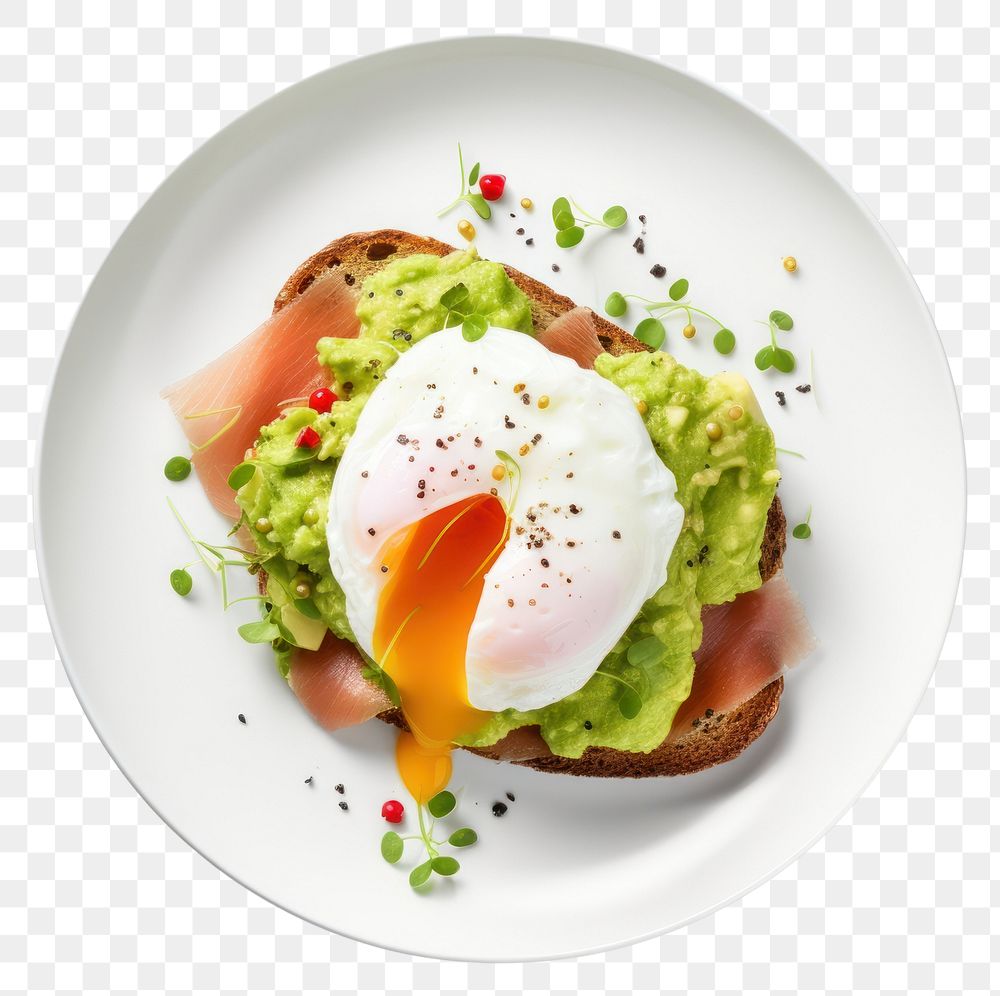 PNG  Poached egg with salmon and guacamole on rye bread plate food white background.