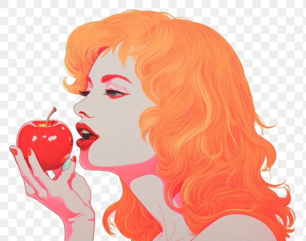 PNG Art painting an illustration portrait of women eat apple adult fruit plant. AI generated Image by rawpixel.