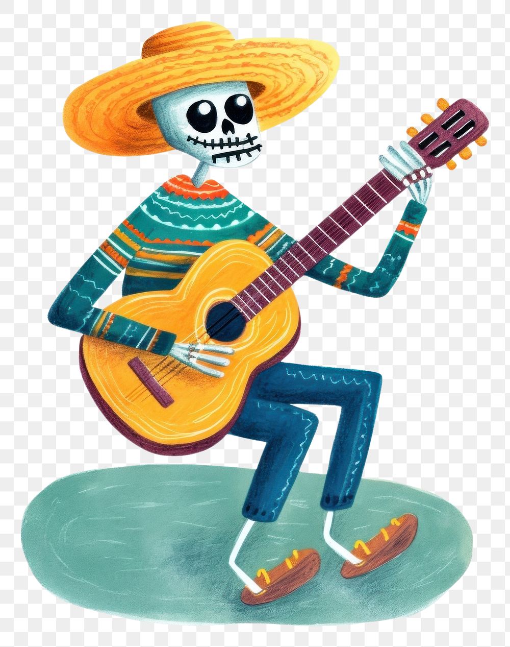 PNG  A mexican skeleton playing guitar sombrero white background representation.