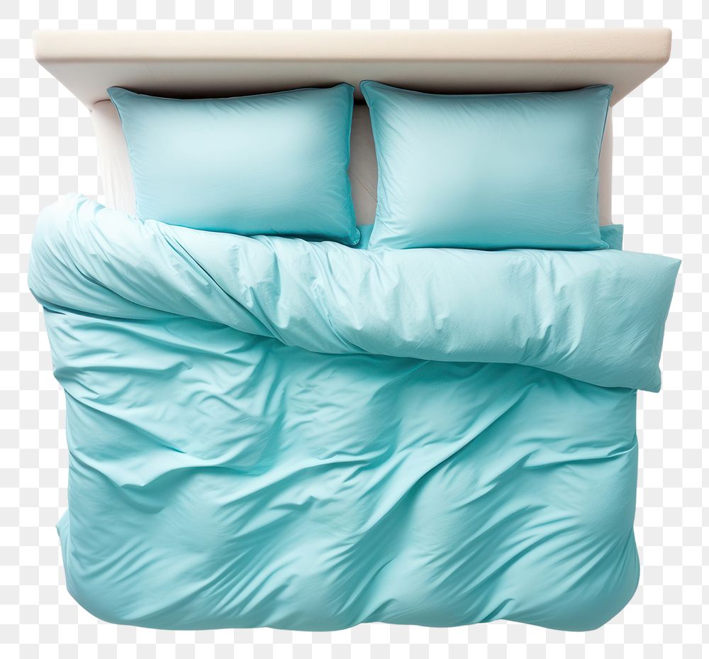 PNG  Bed furniture turquoise blanket.
