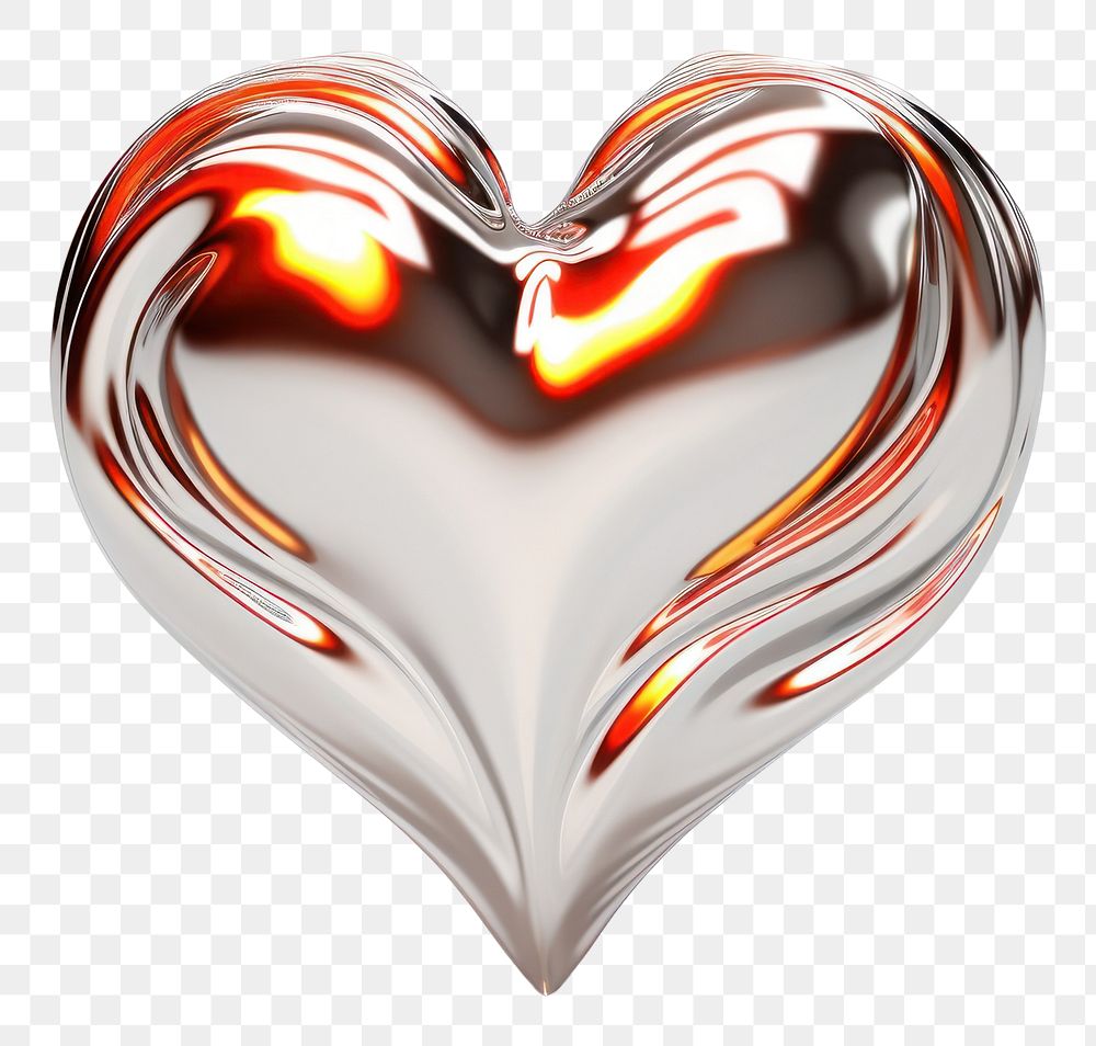 PNG Heart with fire in Chrome material shape shiny white background.